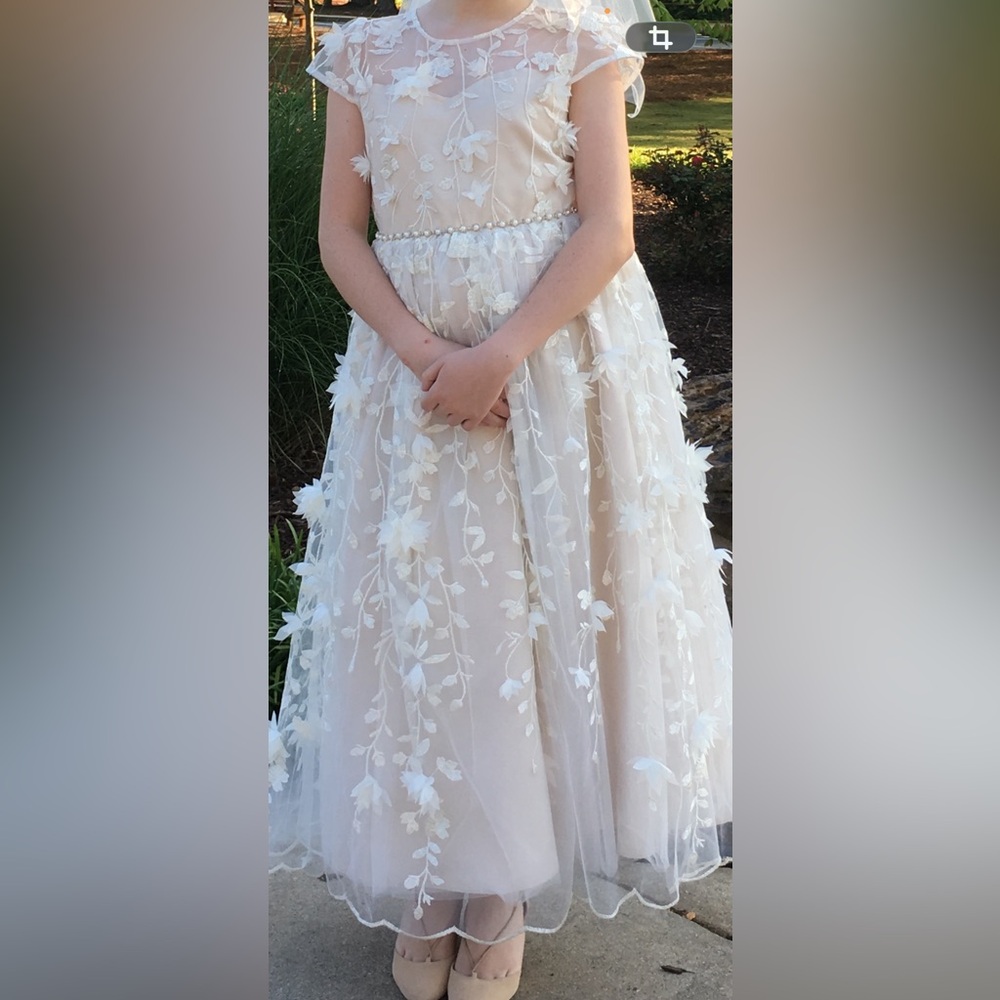 Girls' Ivory Floral Applique Formal Dress with Pearl Waist